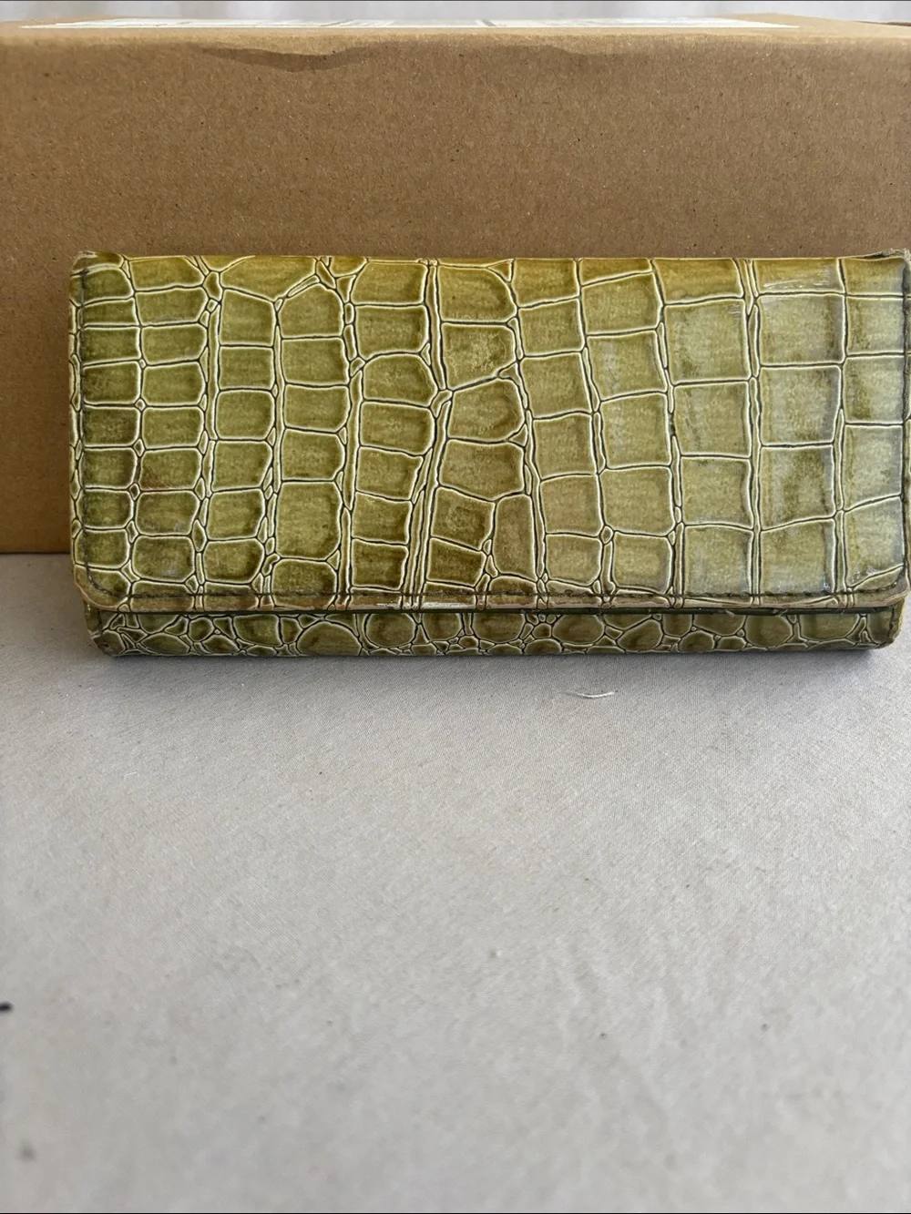 Croc-Embossed Olive Green Clutch Wallet